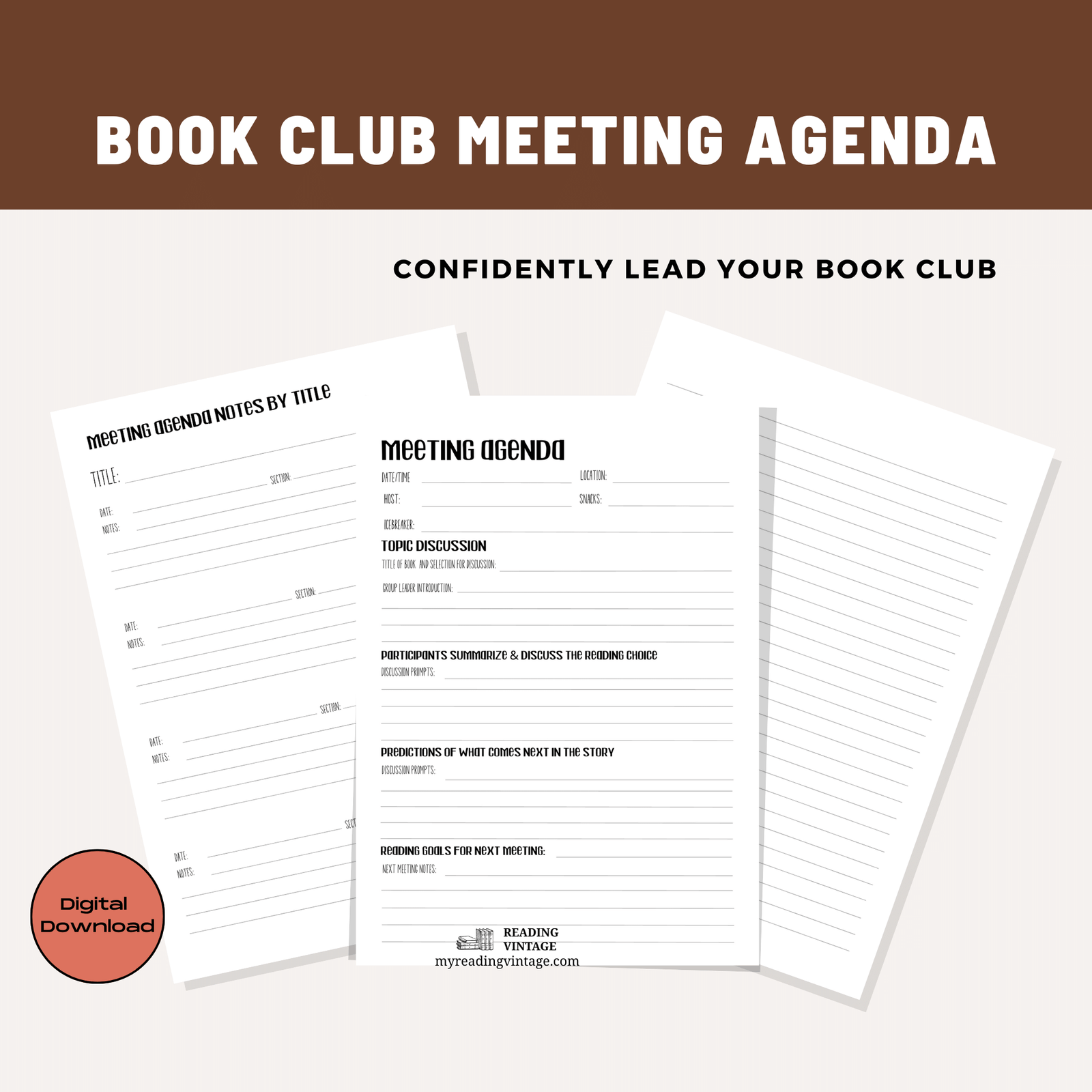 Book Club Printable Meeting Agenda (with Agenda by Title) – Digital Download PDF, Letter Size