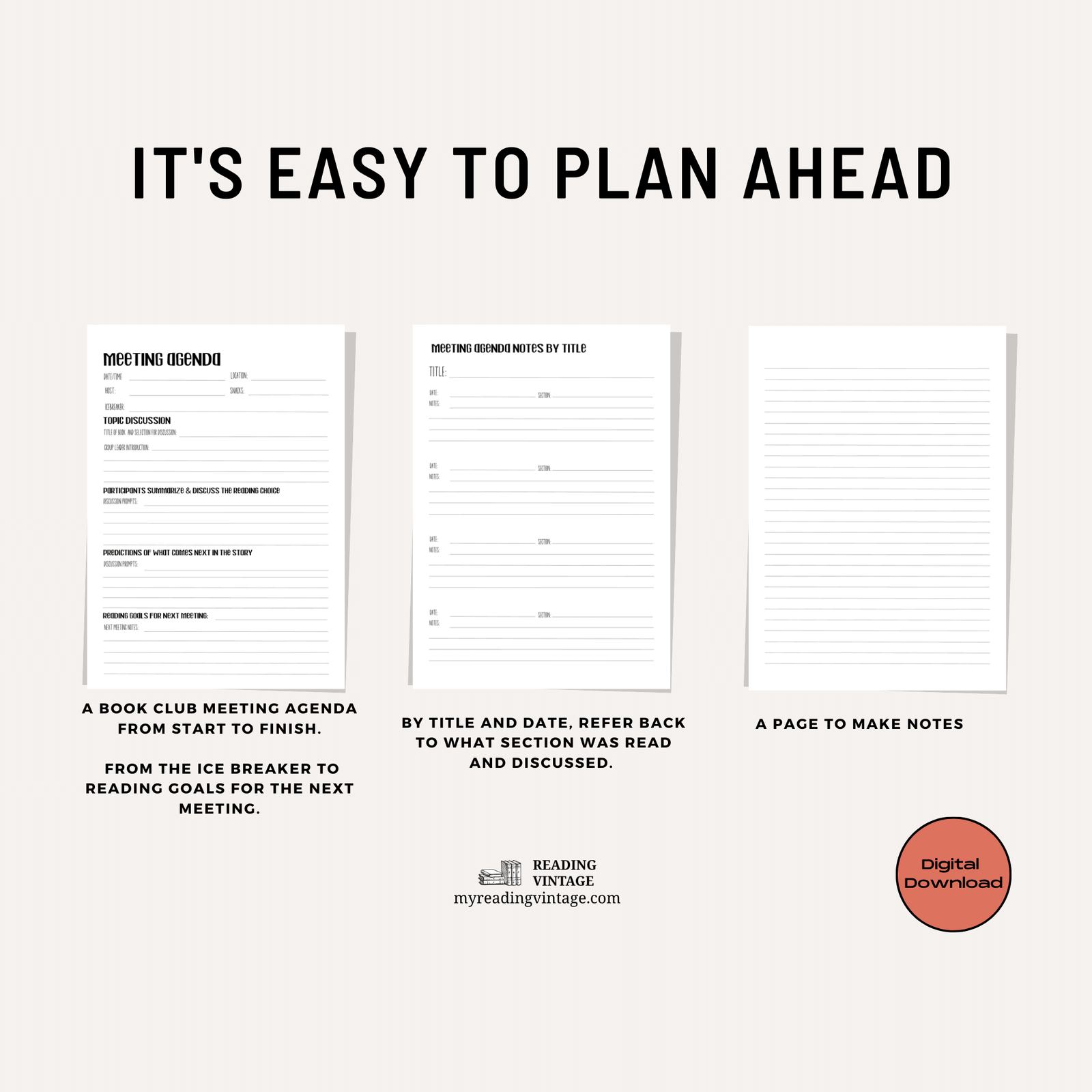 Book Club Printable Meeting Agenda (with Agenda by Title) – Digital Download PDF, Letter Size