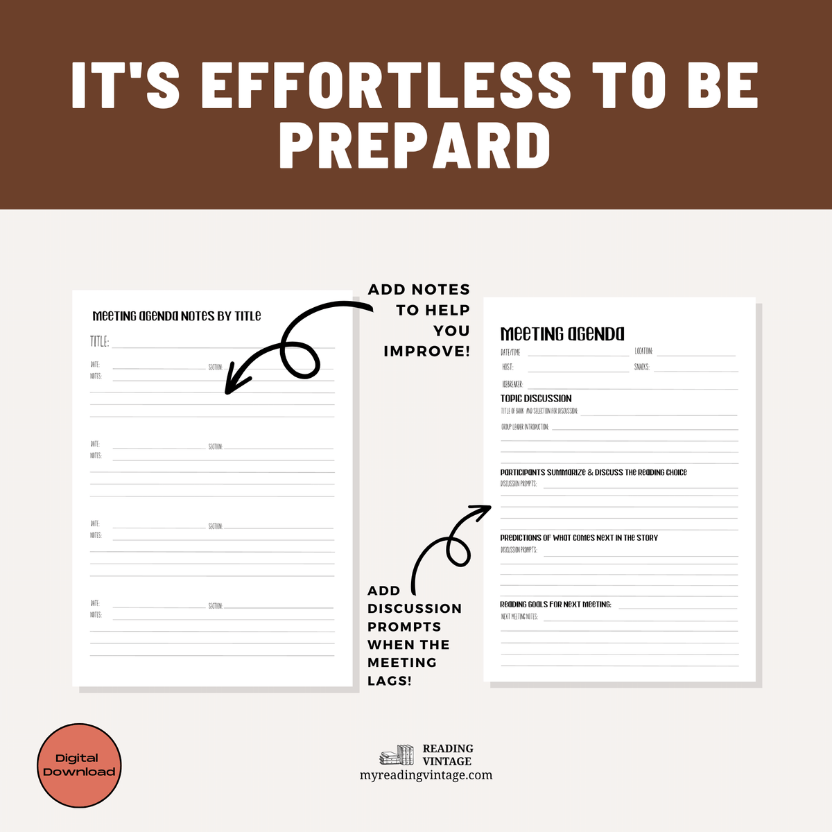 Book Club Printable Meeting Agenda (with Agenda by Title) – Digital Download PDF, Letter Size