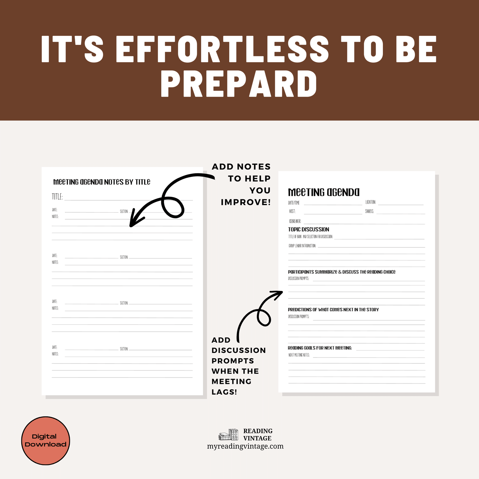 Book Club Printable Meeting Agenda (with Agenda by Title) – Digital Download PDF, Letter Size