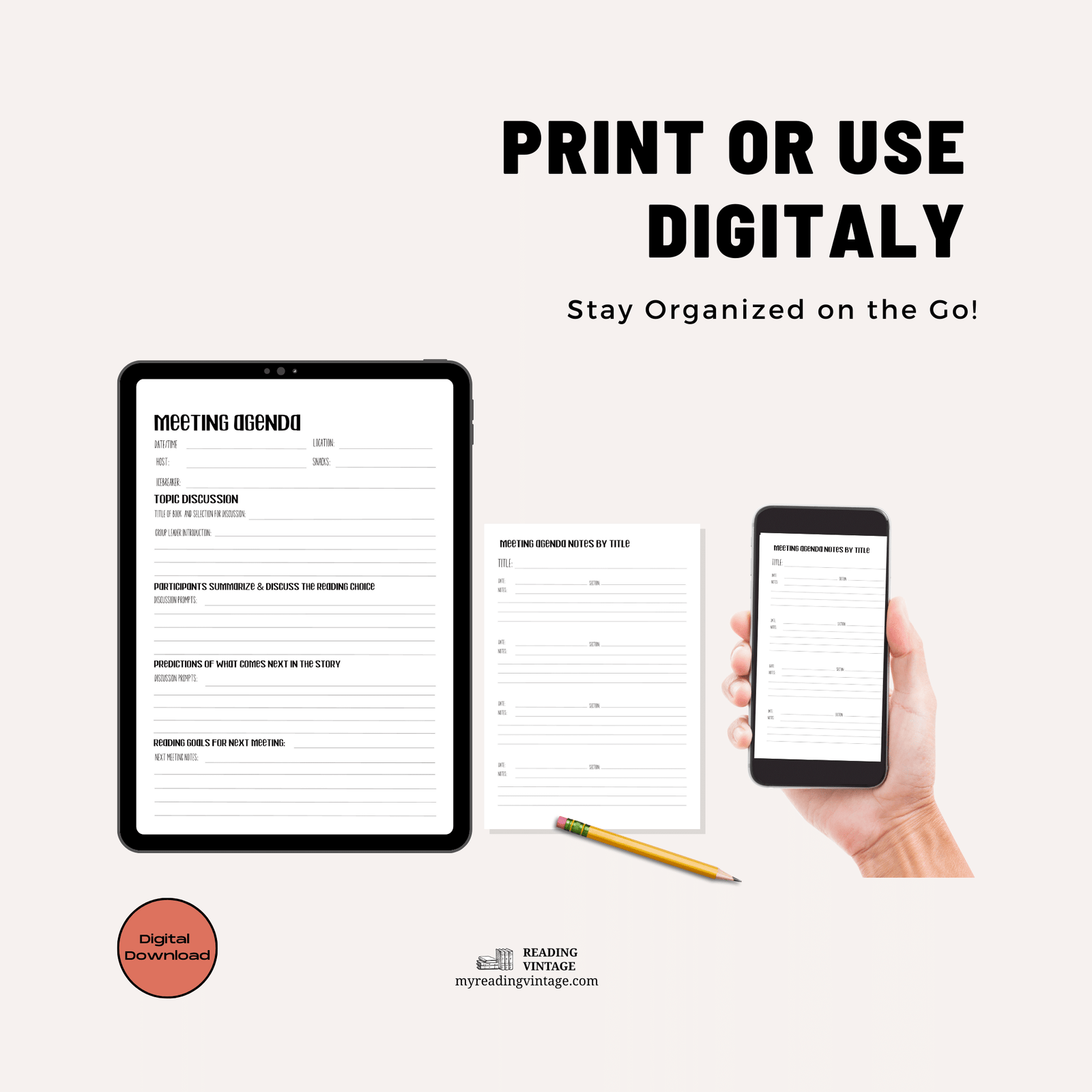 Book Club Printable Meeting Agenda (with Agenda by Title) – Digital Download PDF, Letter Size