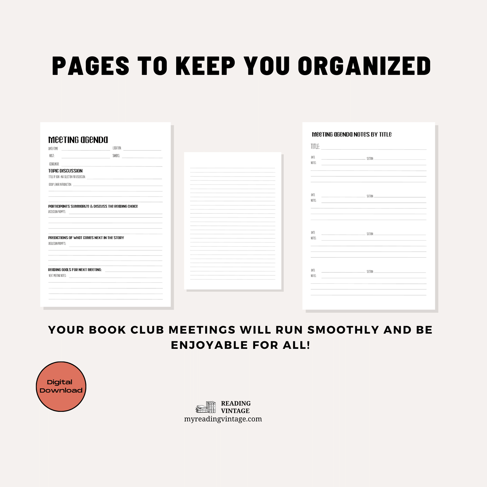 Book Club Printable Meeting Agenda (with Agenda by Title) – Digital Download PDF, Letter Size