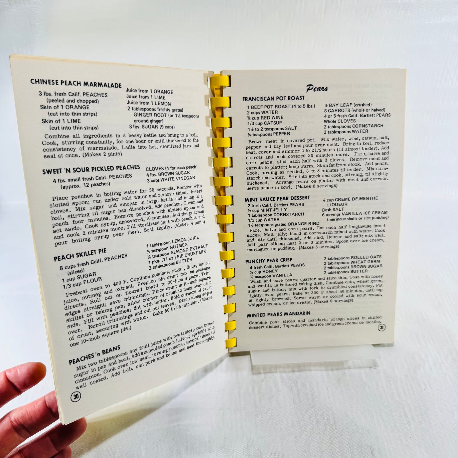 Pages 30 and 31 with peach and pear recipes and Franciscan Pot Roast