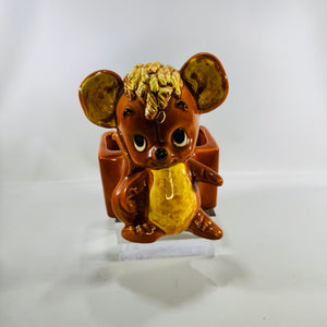 A682 Ceramic Mouse Planter 1960s Brown Big Eyed Animal Pot Mid Century Kitsch Nursery Decor