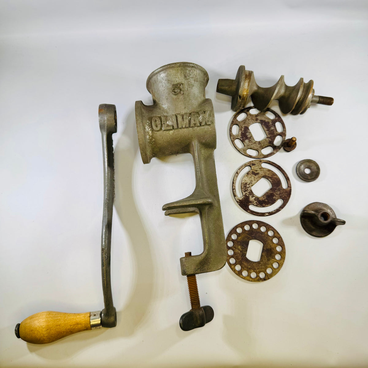 Vintage Climax No. 51 Meat Grinder with Original Box — Cast Iron Hand Crank