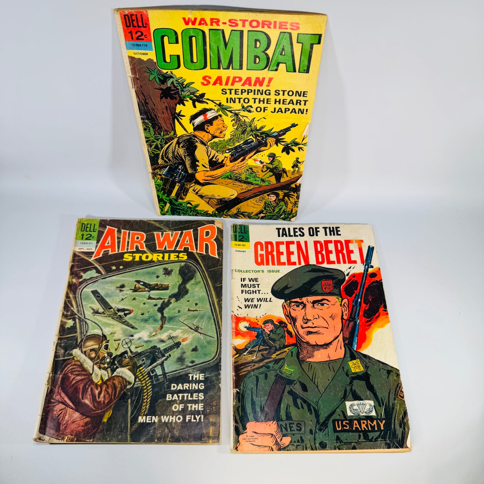 Vintage War Comics Lot — Dell Combat #26, Air War Stories #1, Tales of the Green Beret #1 (1964–1967) — Dell Comics | Silver Age Set, War Comics