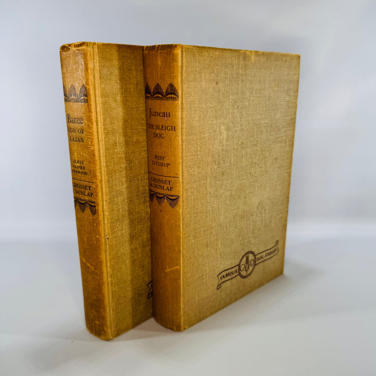 Two vintage tan cloth dog-story hardcovers—Baree: Son of Kazan and Juneau: The Sleigh Dog—standing side by side with worn spines on a white backdrop.