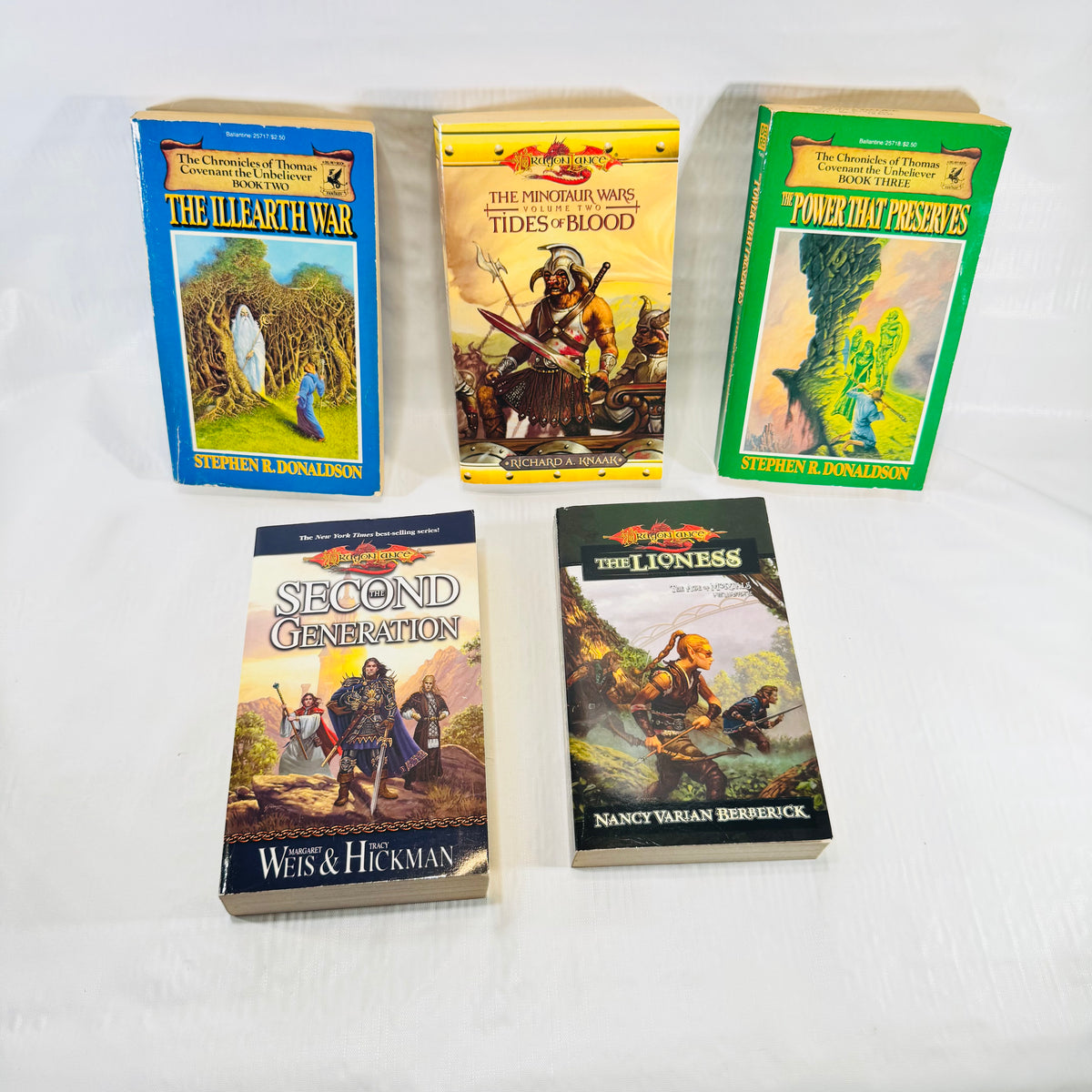 Dragonlance and Thomas Covenant paperback bundle of 5 fantasy novels front covers