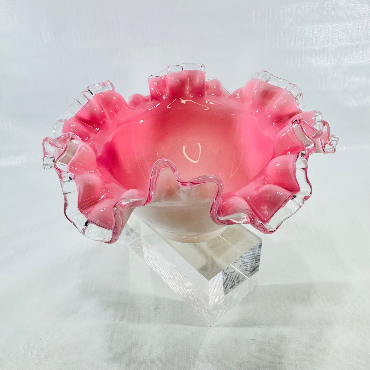 Fenton Peach Crest ruffled pink and white glass bowl, photo 1 of 5