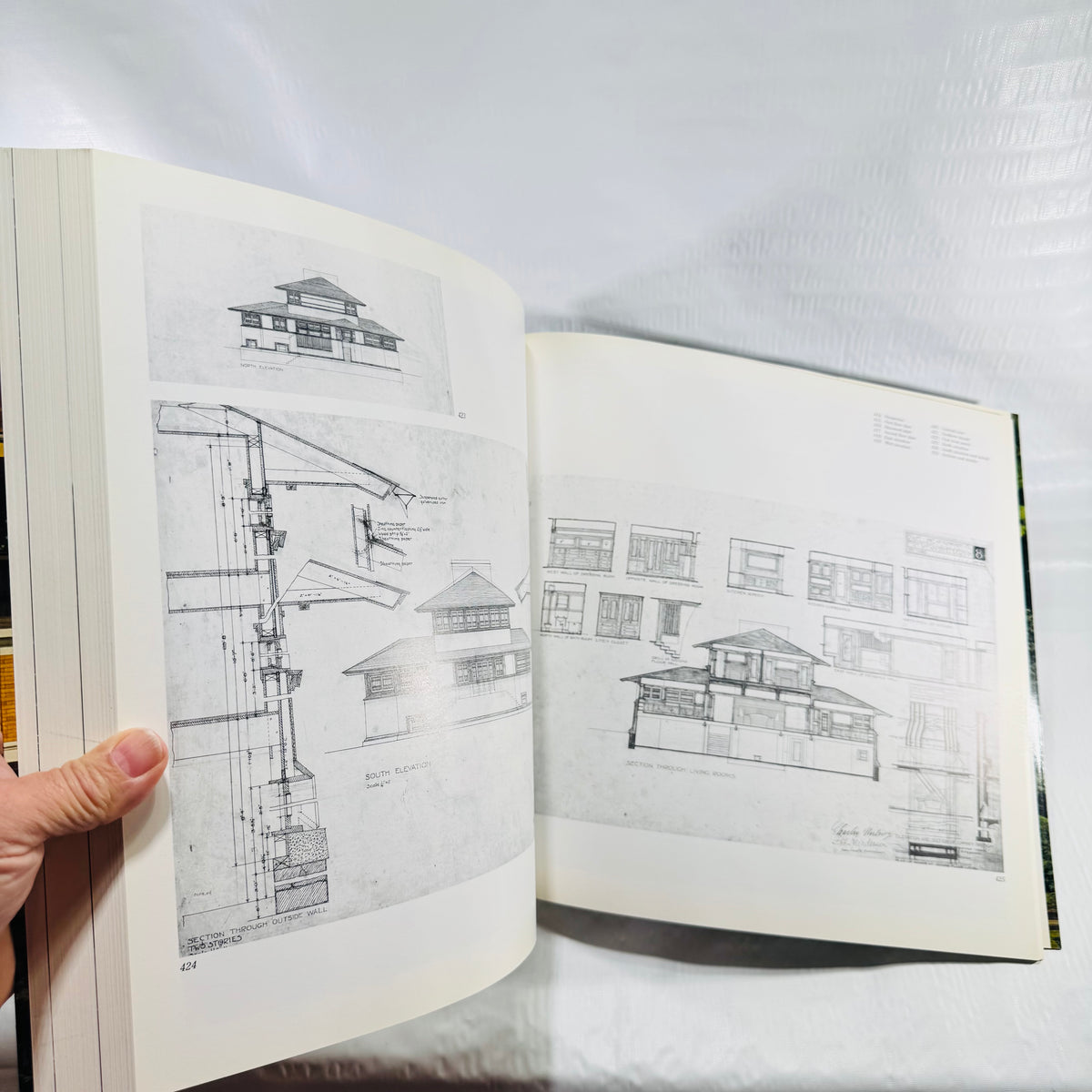Frank Lloyd Wright elevation drawings spread in the 1887-1901 monograph