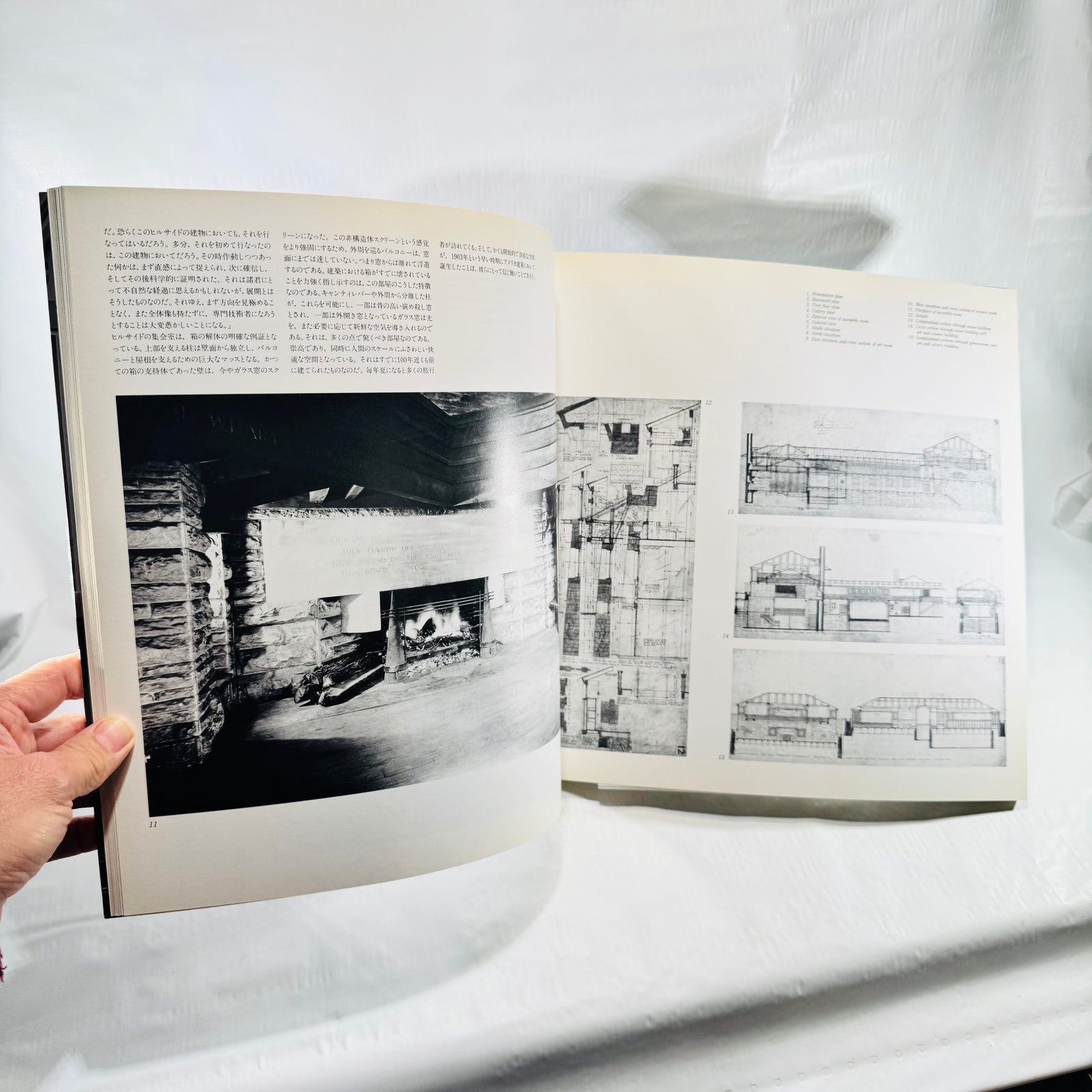 Fireplace photograph and architectural drawings spread in Frank Lloyd Wright Volume 2