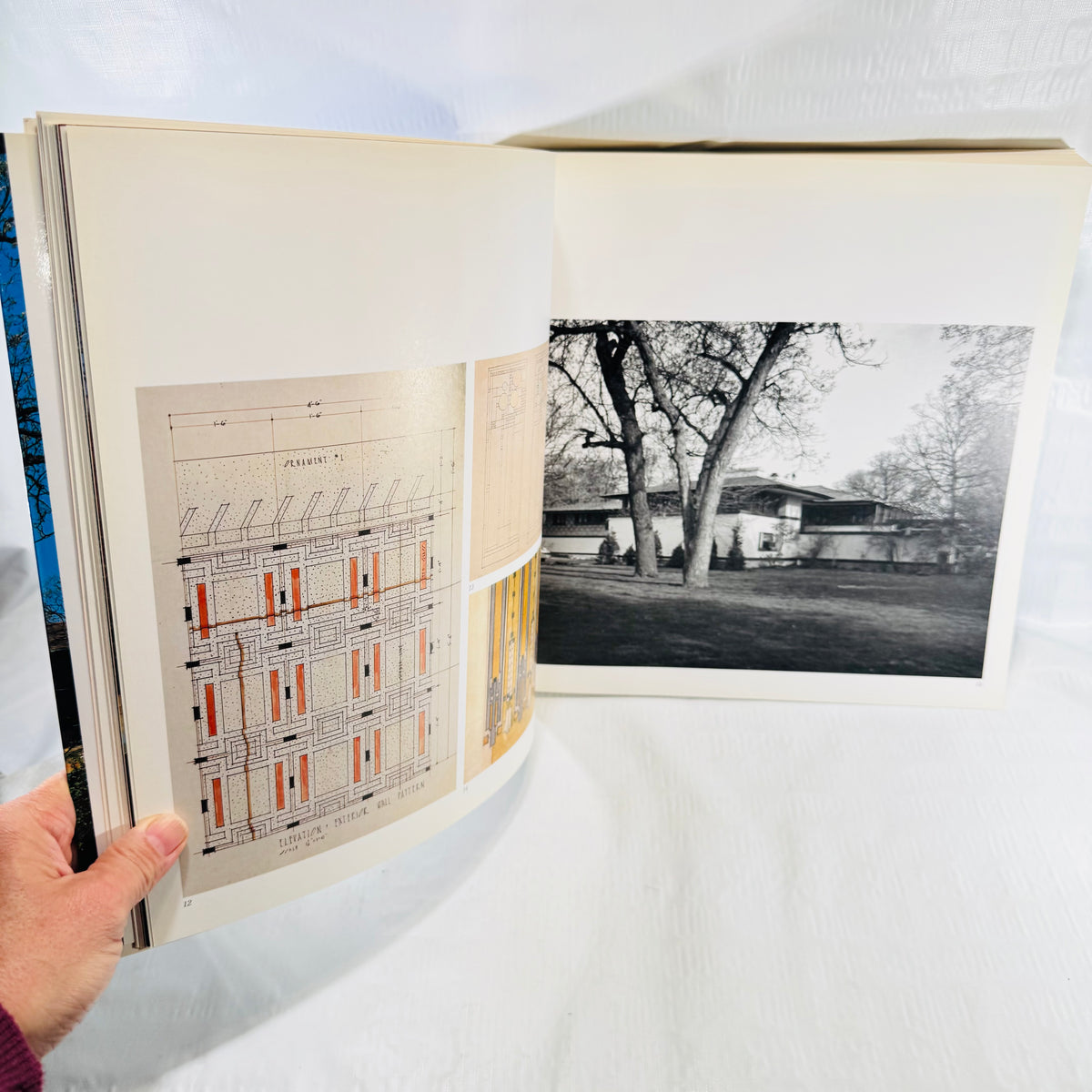 Frank Lloyd Wright drawings and black and white house photograph spread