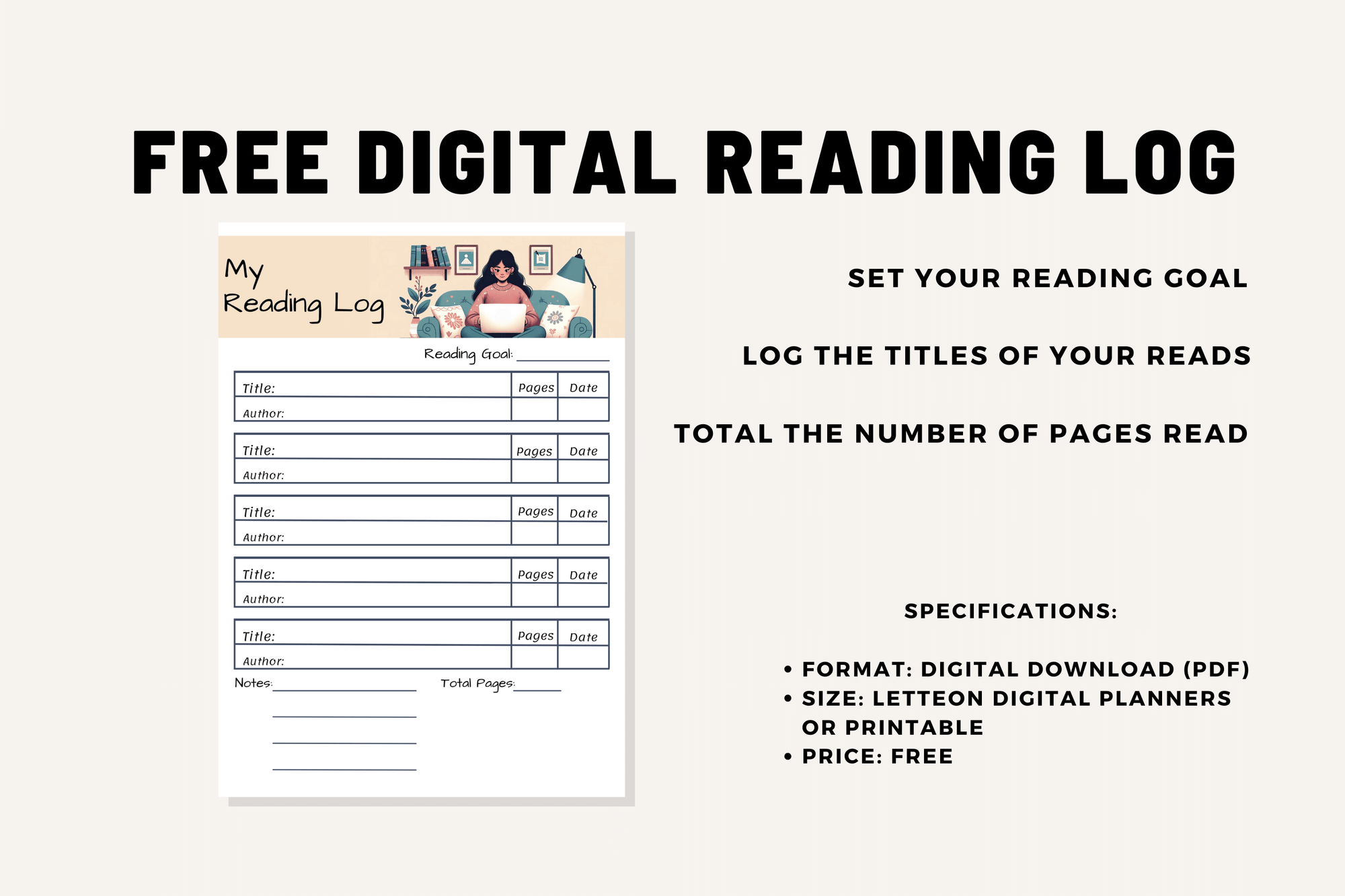 FREE Digital Reading Log Printable Page PDF Letter Size