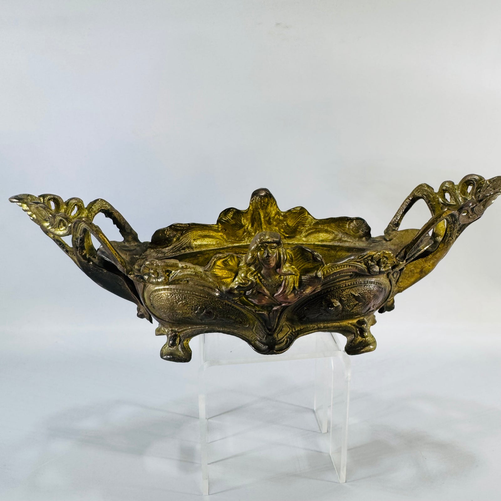 French Art Nouveau Jardiniere Centerpiece | Ornate Gilt Metal Planter with Female Bust