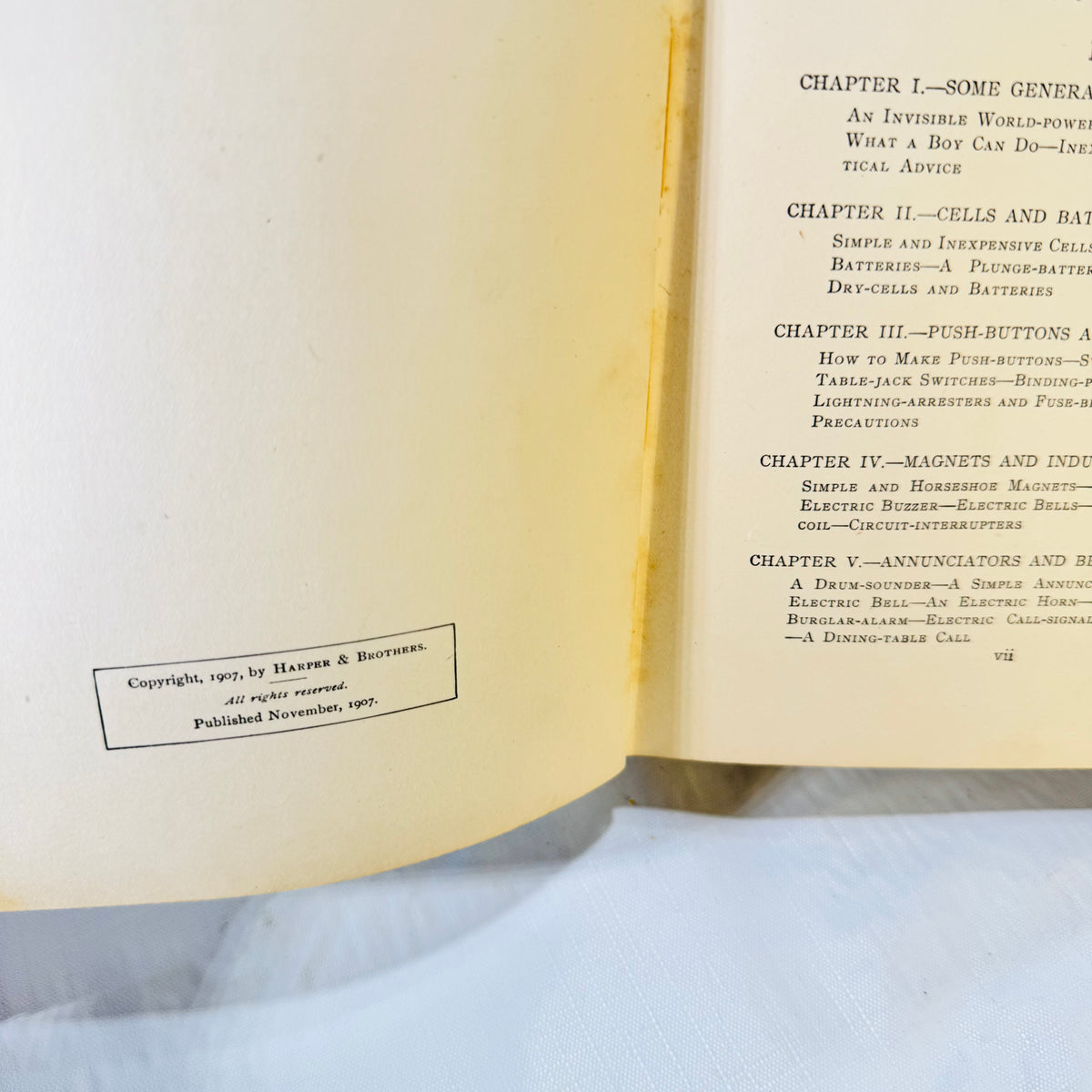 Copyright page and table of contents, Harper's Electricity Book for Boys