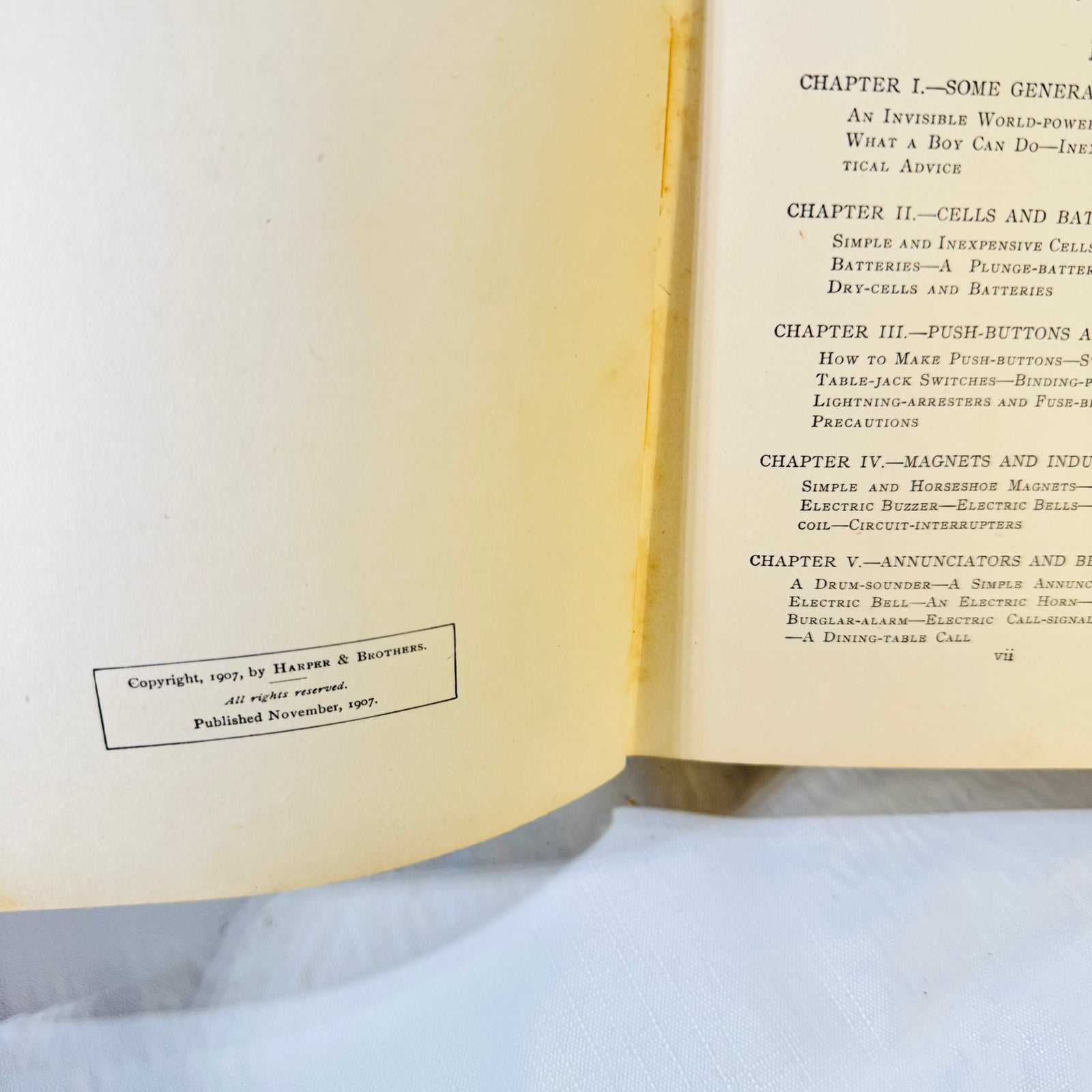 Copyright page and table of contents, Harper's Electricity Book for Boys