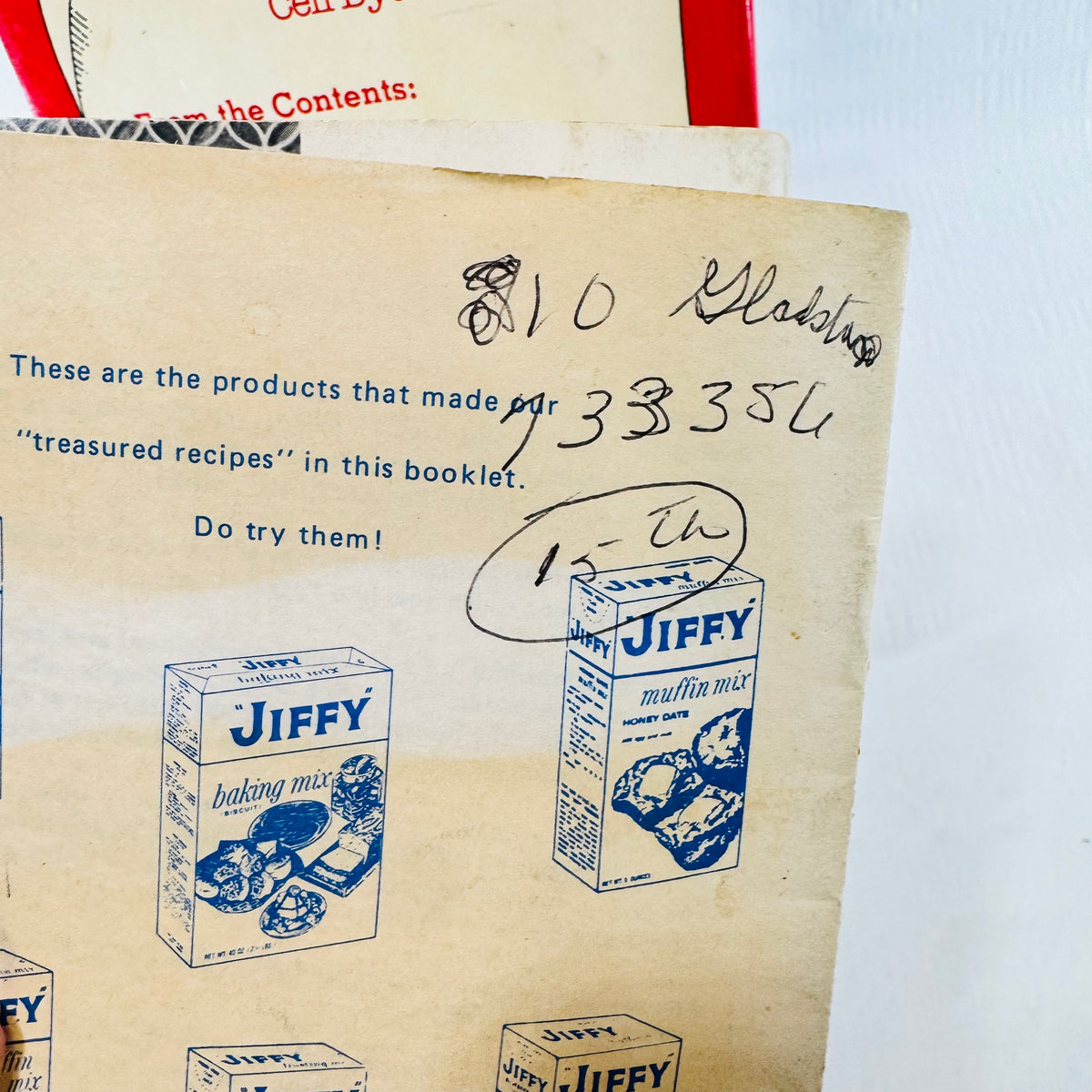 Jiffy back cover showing ink handwriting and two Jiffy mix box drawings
