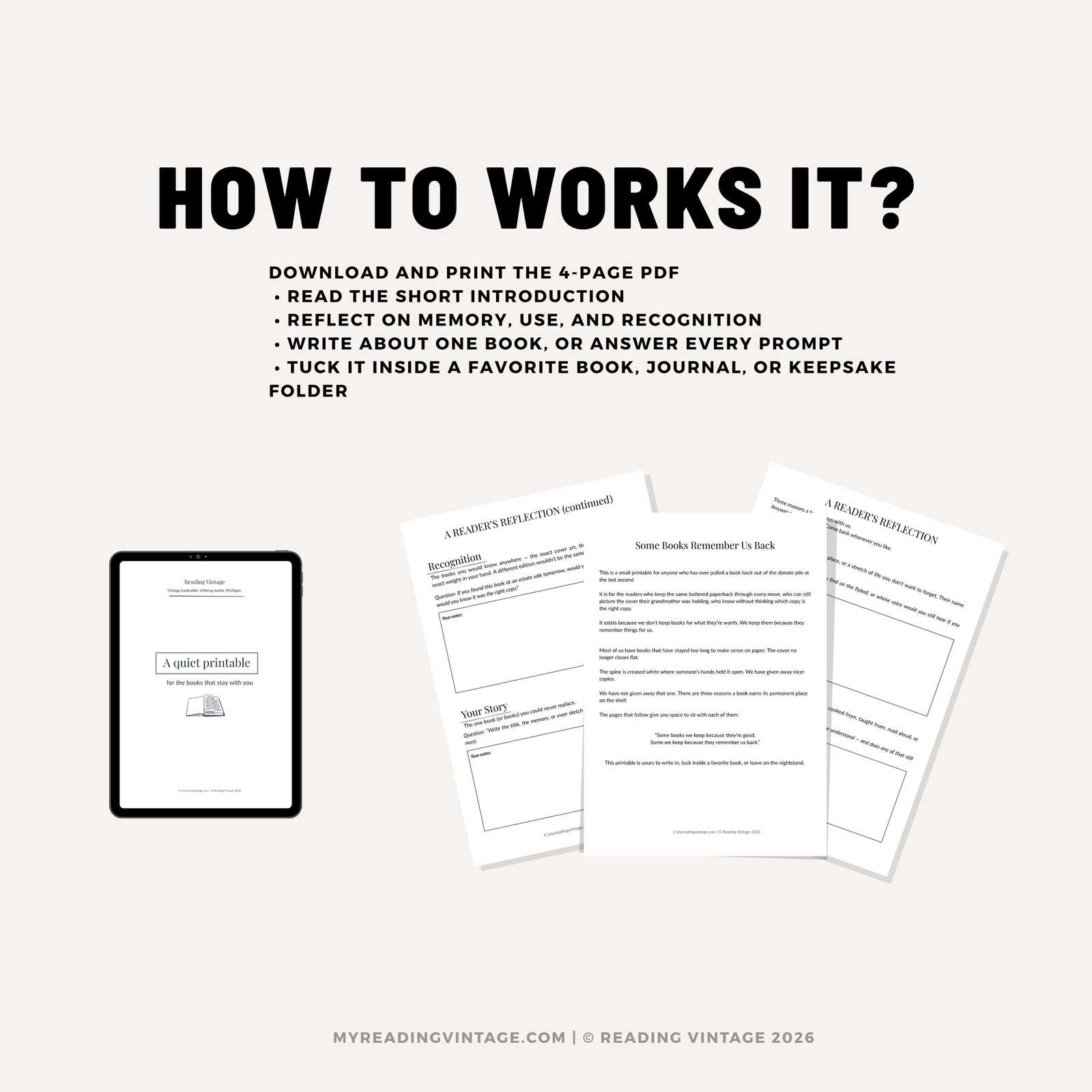 A Reader’s Reflection Printable PDF | Vintage Book Journal Worksheet | Reading Reflection Digital Download