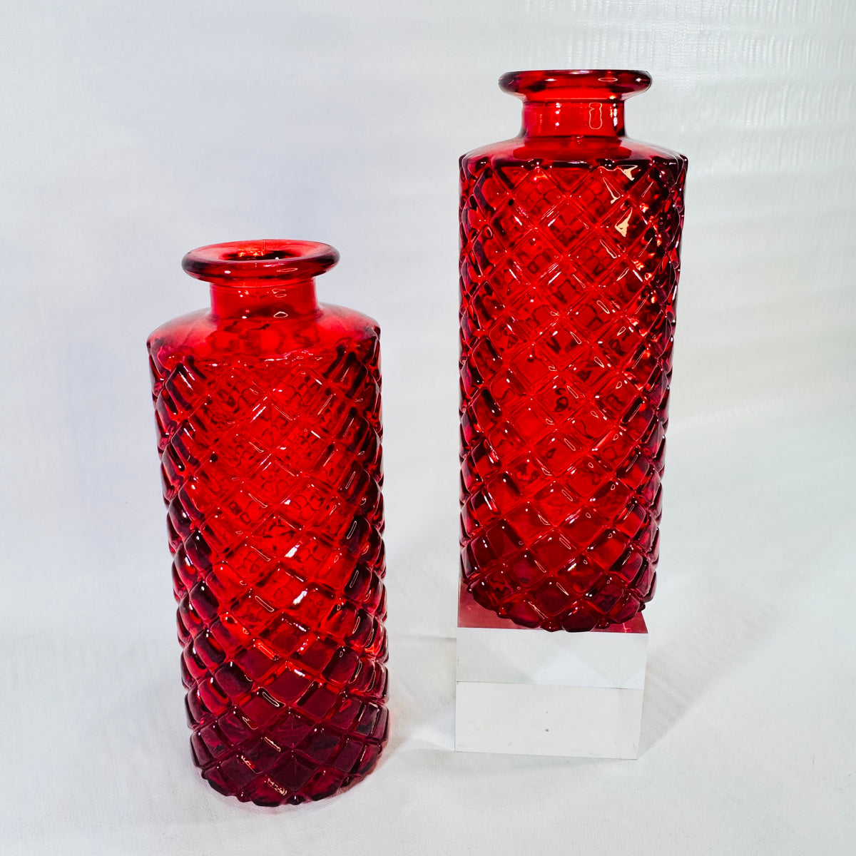 Ruby Red Diamond Quilted Glass Bud Vases Vintage 6 Inch Pair