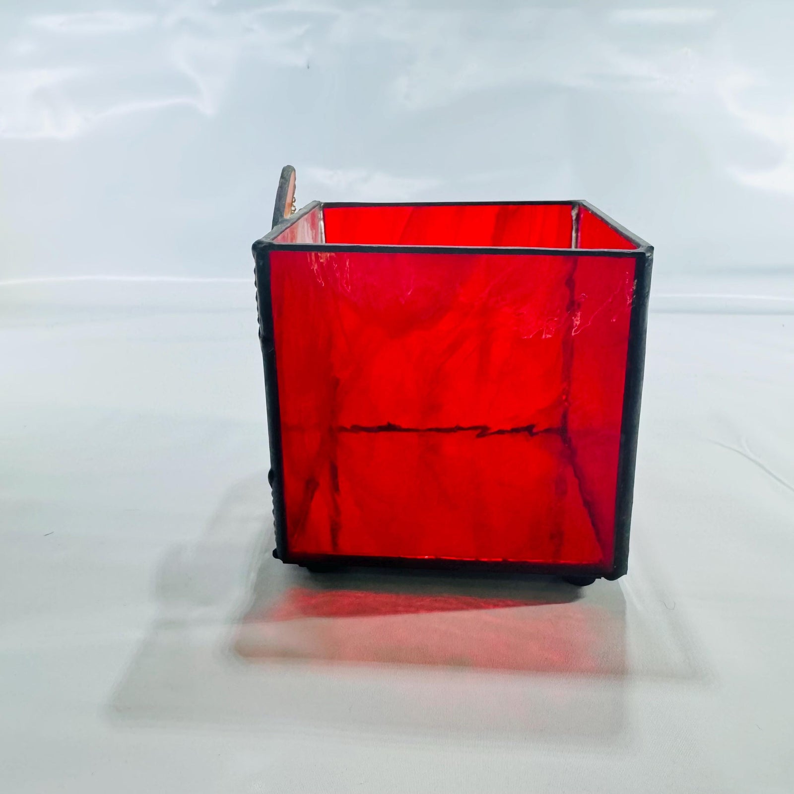 Stained Glass Moon & Star Box • 4×4×4 in Red Cube Candle Holder • Vintage Estate Find – Crescent Moon Shadow Box Décor