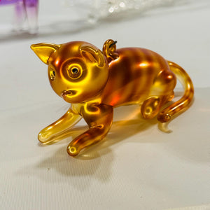 Lot of 3 Glass Cat Ornaments • Clear, Gold & Purple • Vintage Holiday Décor • 3×2 in, 3×4 in, 3×2 in• Christmas Decor