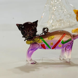 Lot of 3 Glass Cat Ornaments • Clear, Gold & Purple • Vintage Holiday Décor • 3×2 in, 3×4 in, 3×2 in• Christmas Decor