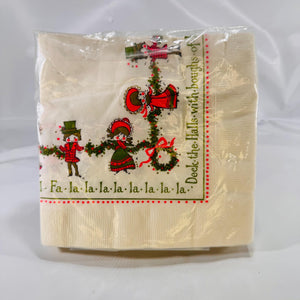 Close-up of caroling children illustration and ‘Deck the Halls’ text on large napkin pack