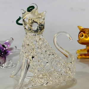 Lot of 3 Glass Cat Ornaments • Clear, Gold & Purple • Vintage Holiday Décor • 3×2 in, 3×4 in, 3×2 in• Christmas Decor