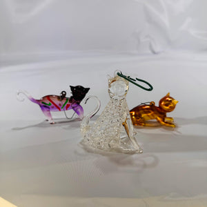 Lot of 3 Glass Cat Ornaments • Clear, Gold & Purple • Vintage Holiday Décor • 3×2 in, 3×4 in, 3×2 in• Christmas Decor
