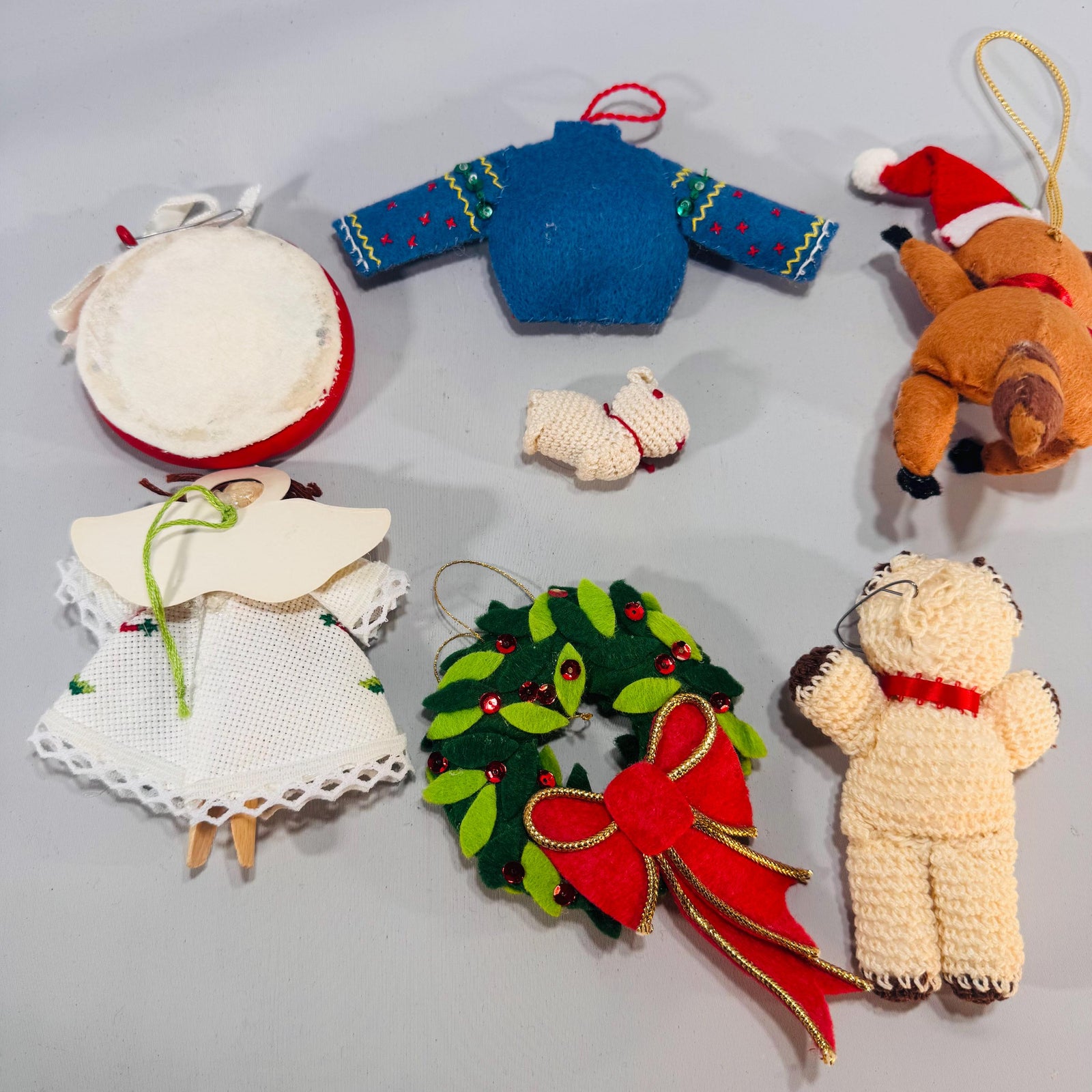 Vintage Christmas Ornaments – Collectable Set of 7 Felt, Needlepoint & Crochet (5"–1") – Cozy Tree Decor Kitchy Charm Gift-Ready