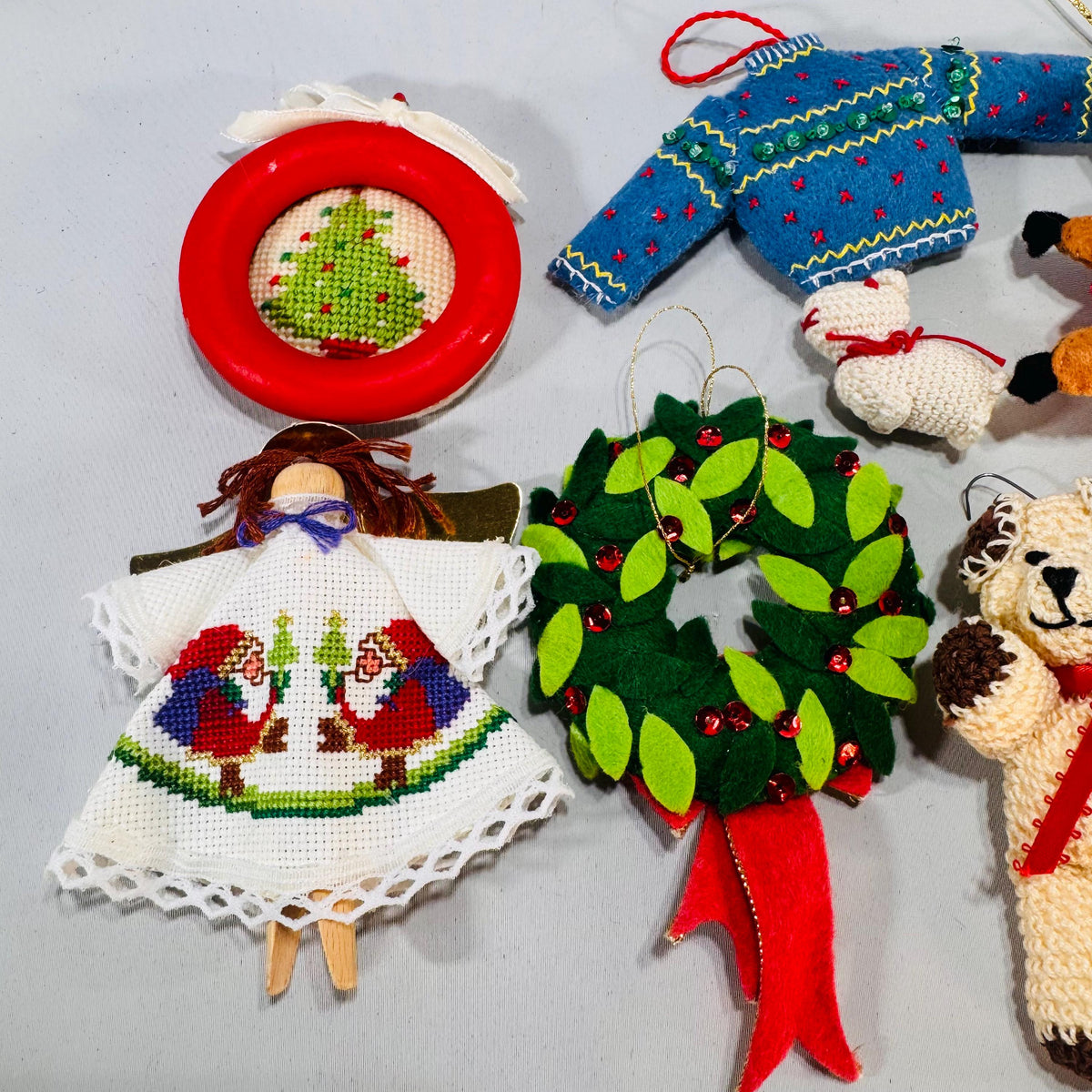 Vintage Christmas Ornaments – Collectable Set of 7 Felt, Needlepoint & Crochet (5"–1") – Cozy Tree Decor Kitchy Charm Gift-Ready