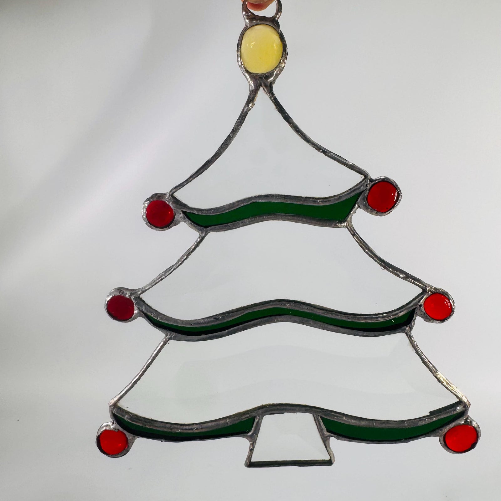 Stained Glass Christmas Tree Suncatcher 1980s| 8x6 Handmade Holiday Window Ornament, Red Cabochons & Yellow Star, Leaded Art Glass Décor
