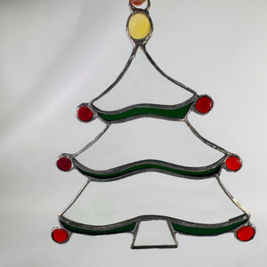 Stained Glass Christmas Tree Suncatcher 1980s| 8x6 Handmade Holiday Window Ornament, Red Cabochons & Yellow Star, Leaded Art Glass Décor