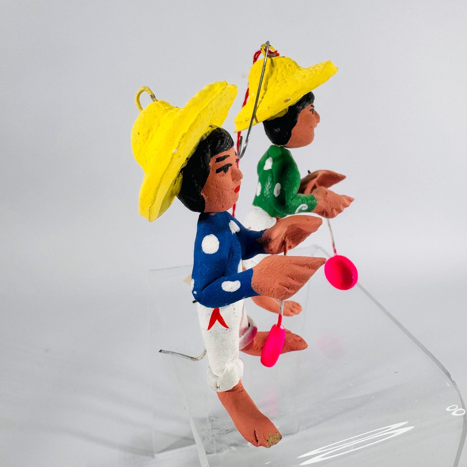 Pair Mexican Folk Art Clay Ornaments | Miniature Hand-Painted Figures, 3 in, Hang or Stand, Estate Sale Find, Cultural Décor
