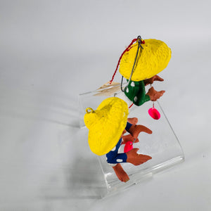 Pair Mexican Folk Art Clay Ornaments | Miniature Hand-Painted Figures, 3 in, Hang or Stand, Estate Sale Find, Cultural Décor