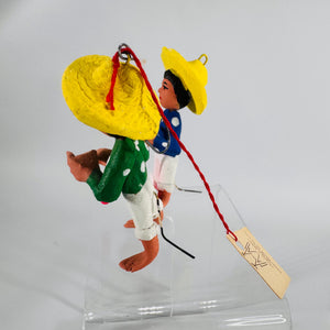Pair Mexican Folk Art Clay Ornaments | Miniature Hand-Painted Figures, 3 in, Hang or Stand, Estate Sale Find, Cultural Décor