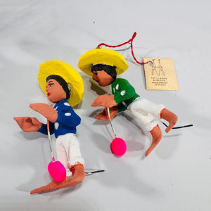 Pair Mexican Folk Art Clay Ornaments | Miniature Hand-Painted Figures, 3 in, Hang or Stand, Estate Sale Find, Cultural Décor