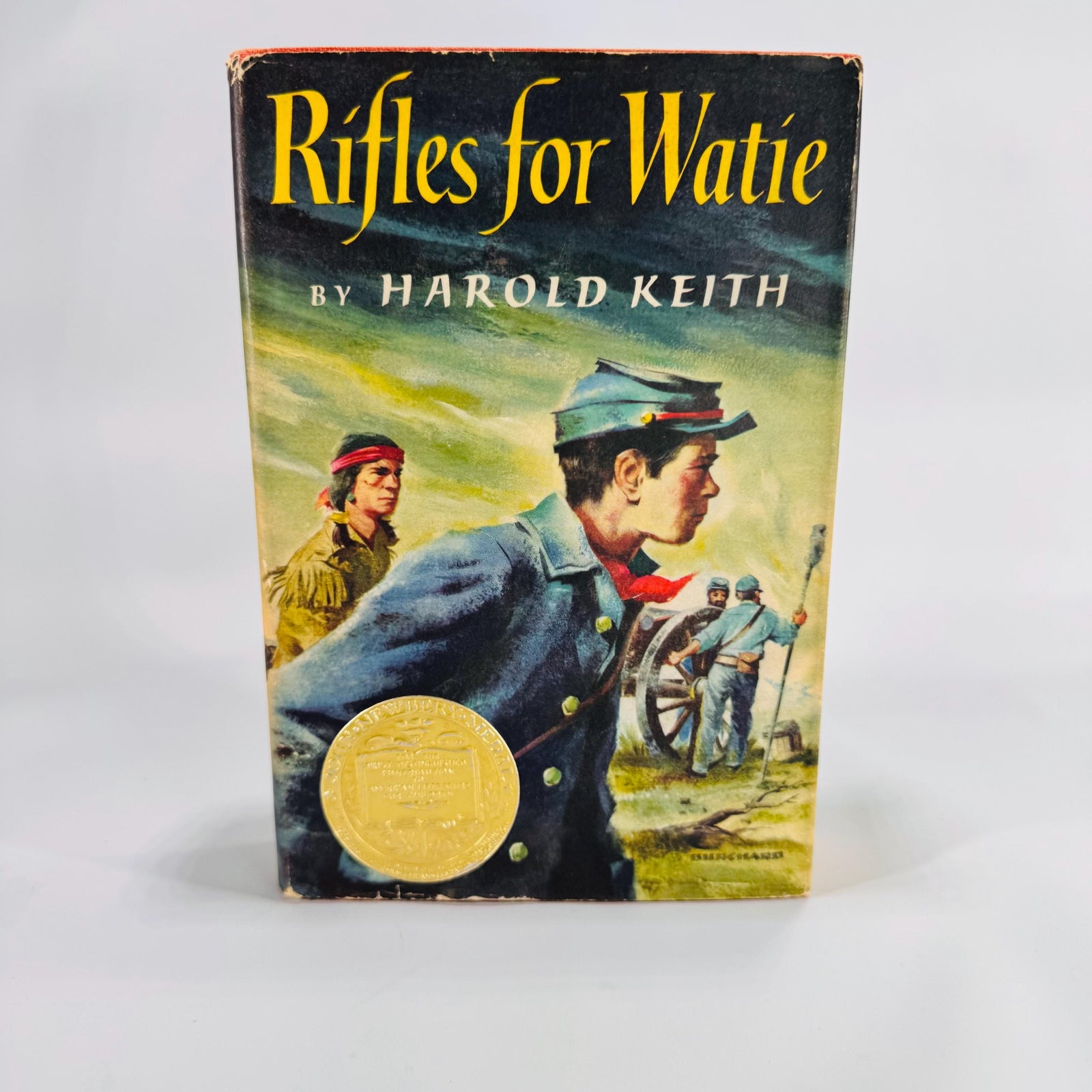 Rifles for Watie by Harold Keith, red cloth hardcover with illustrated dust jacket and Newbery Medal seal, Thomas Y. Crowell, vintage YA Civil War novel.”