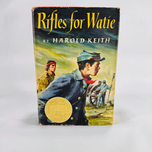 Rifles for Watie by Harold Keith, red cloth hardcover with illustrated dust jacket and Newbery Medal seal, Thomas Y. Crowell, vintage YA Civil War novel.”