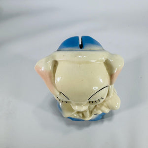 Vintage Ceramic Piggy Bank – Cream & Blue Piglet Coin Bank, Mid-Century Kitsch, 7″ Tall, Pig Lover Collectible
