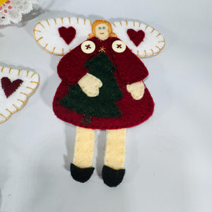 Set of 4 Handmade Felt Angel Ornaments – 1970s-90s Folk Art, 3 Flat 5x4 & 1 Plush 6", Primitive Christmas Decor, Holiday Kitch