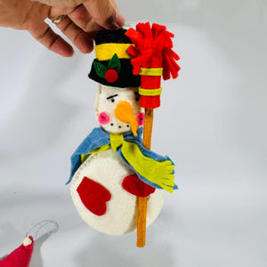 Handmade Felt Santa & Snowman Ornaments – Large 8.6" Folk-Art Pair, Stuffed Primitive Christmas Décor, 1970s-90s Craft Holiday Cottagecore