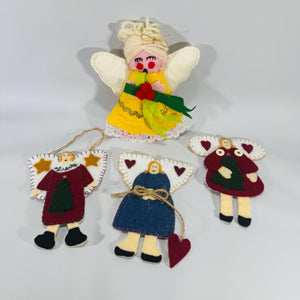 Set of 4 Handmade Felt Angel Ornaments – 1970s-90s Folk Art, 3 Flat 5x4 & 1 Plush 6", Primitive Christmas Decor, Holiday Kitch