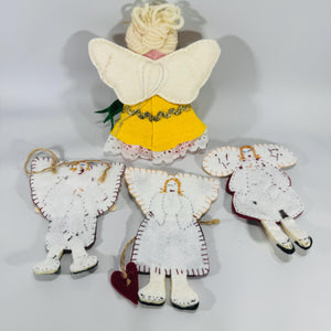 Set of 4 Handmade Felt Angel Ornaments – 1970s-90s Folk Art, 3 Flat 5x4 & 1 Plush 6", Primitive Christmas Decor, Holiday Kitch