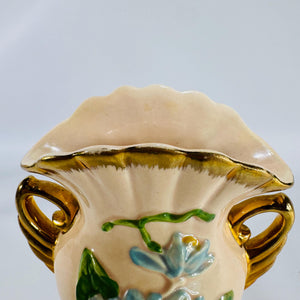Hull Art Pottery Vase H-6-6.5 USA with Blue Flowers & Gold Trim, Vintage Mid Century Ceramic Floral Urn, Collectible Home Decor Gift