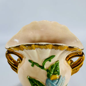 Hull Art Pottery Vase H-6-6.5 USA with Blue Flowers & Gold Trim, Vintage Mid Century Ceramic Floral Urn, Collectible Home Decor Gift