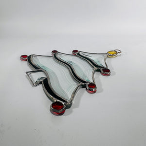 Stained Glass Christmas Tree Suncatcher 1980s| 8x6 Handmade Holiday Window Ornament, Red Cabochons & Yellow Star, Leaded Art Glass Décor