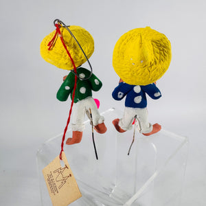 Pair Mexican Folk Art Clay Ornaments | Miniature Hand-Painted Figures, 3 in, Hang or Stand, Estate Sale Find, Cultural Décor