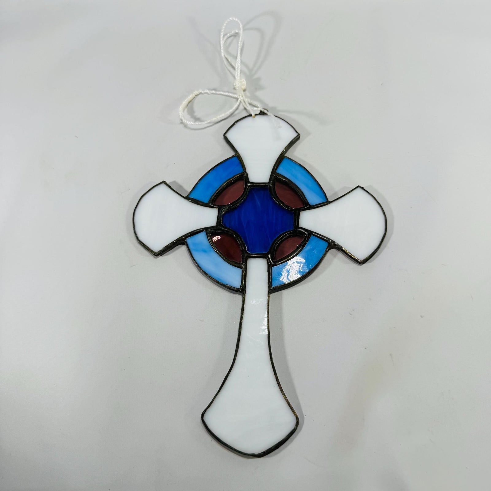 Vintage Stained Glass Celtic Cross Suncatcher, Blue White 9x6, Artist Signed & Dated 2004, Faith Window Art, Ready to Hang Gift Ready