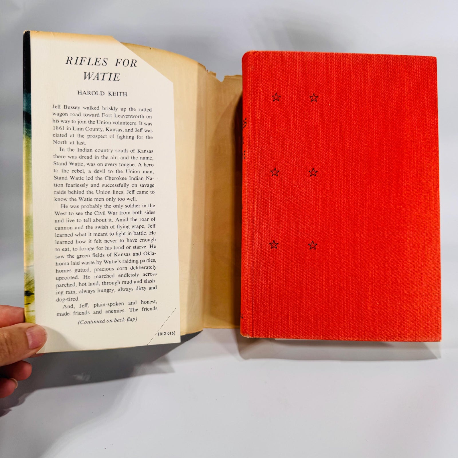 Rifles for Watie by Harold Keith, red cloth hardcover with illustrated dust jacket and Newbery Medal seal, Thomas Y. Crowell, vintage YA Civil War novel.”
